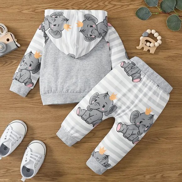 Baby Boy's Cute Elephant Cartoon Print Comfortable Long-sleeved Hooded Top +Pant - Picture 2 of 6